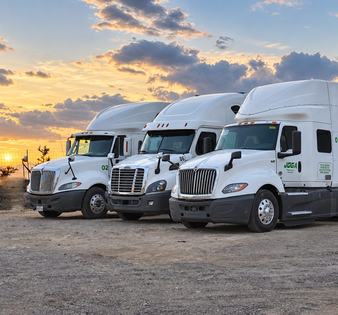 Three JOGA Logistics tractors lined up at sunset in Laredo